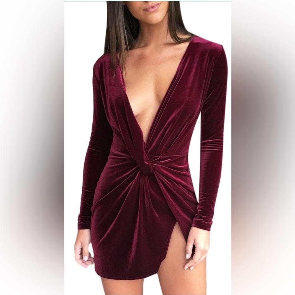 Velvet Ruched Deep V Neck Long Sleeves Split Bodycon Mini Dress Wine Red Medium